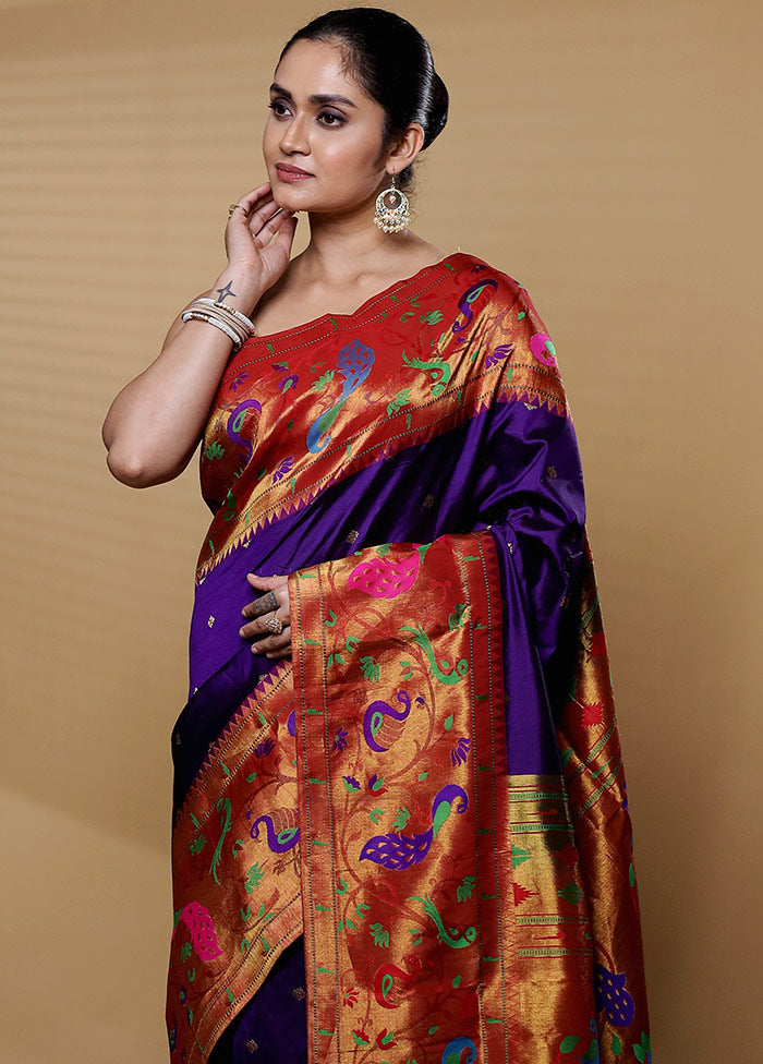 Voilet Handloom Kanchipuram Pure Silk Saree With Blouse Piece