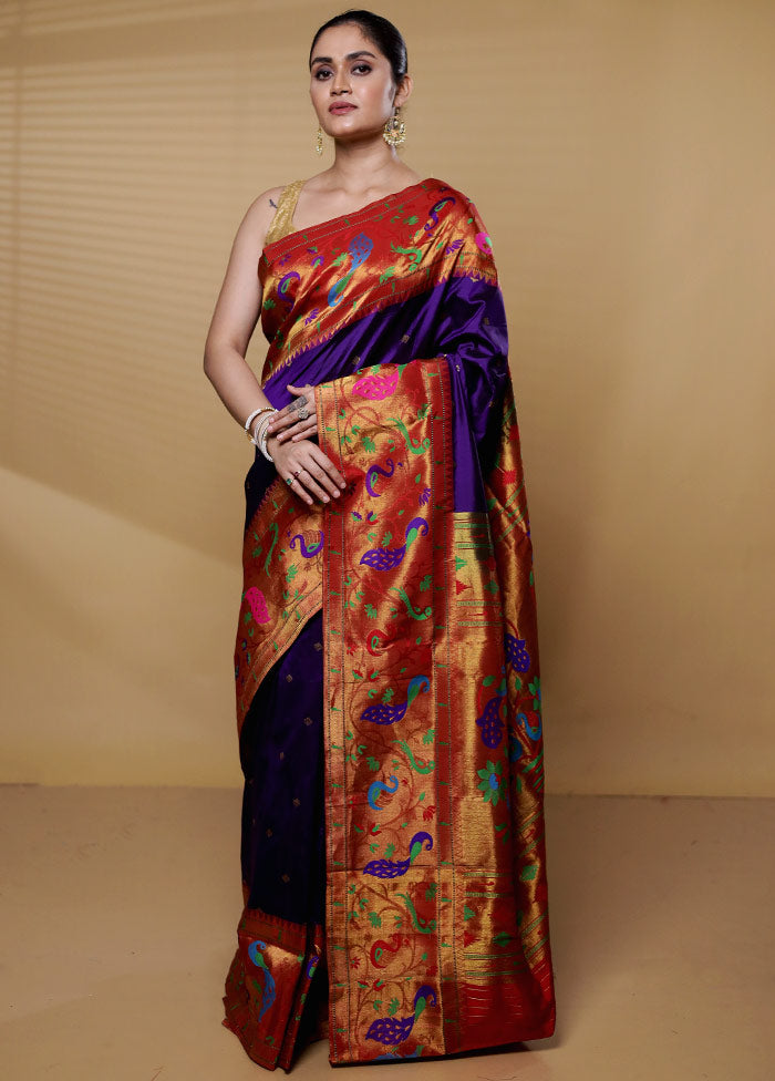 Voilet Handloom Kanchipuram Pure Silk Saree With Blouse Piece