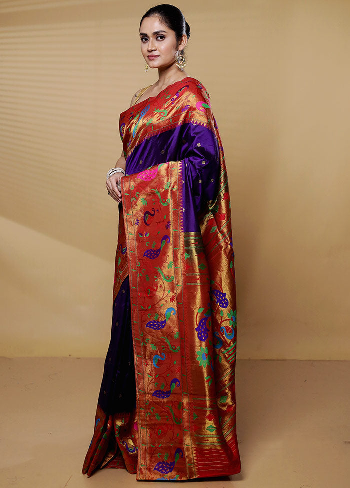 Voilet Handloom Kanchipuram Pure Silk Saree With Blouse Piece