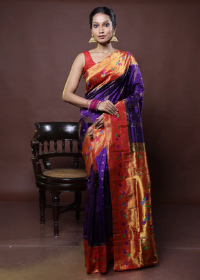 Voilet Handloom Kanchipuram Pure Silk Saree With Blouse Piece