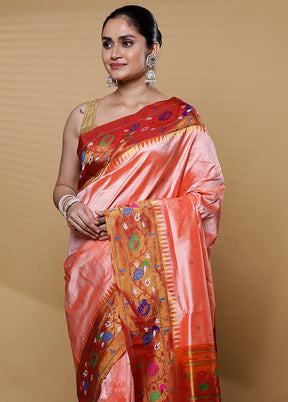 Peach Handloom Kanchipuram Pure Silk Saree With Blouse Piece