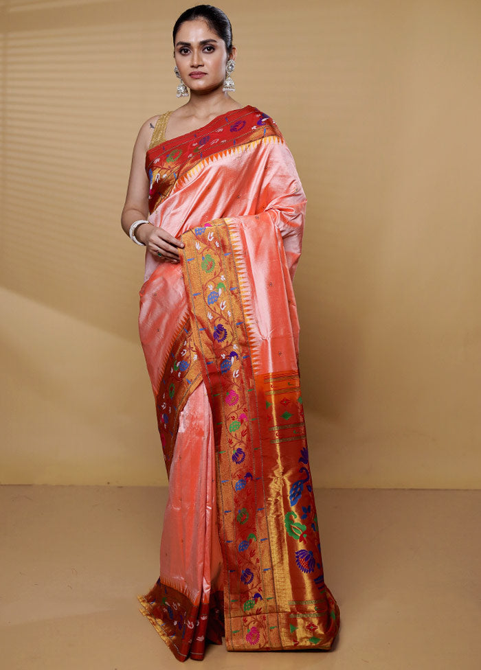 Peach Handloom Kanchipuram Pure Silk Saree With Blouse Piece