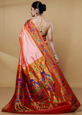 Peach Handloom Kanchipuram Pure Silk Saree With Blouse Piece