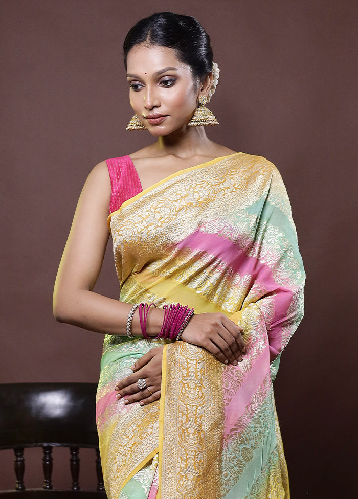 Multicolor Handloom Pure Georgette Saree With Blouse Piece