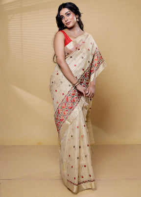 Cream Tissue Silk Saree With Blouse Piece