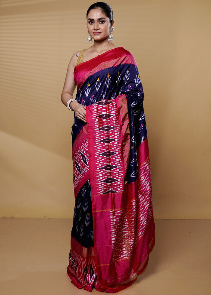 Blue Handloom Ikkat Pure Silk Saree With Blouse Piece