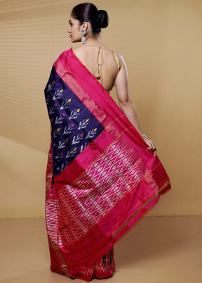 Blue Handloom Ikkat Pure Silk Saree With Blouse Piece