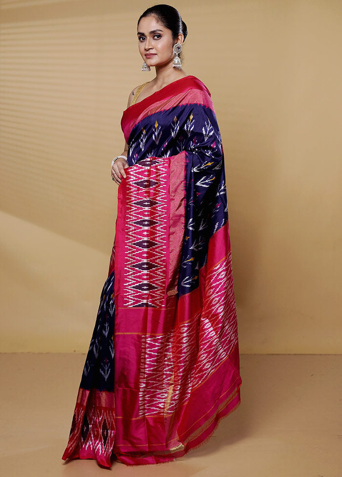 Blue Handloom Ikkat Pure Silk Saree With Blouse Piece