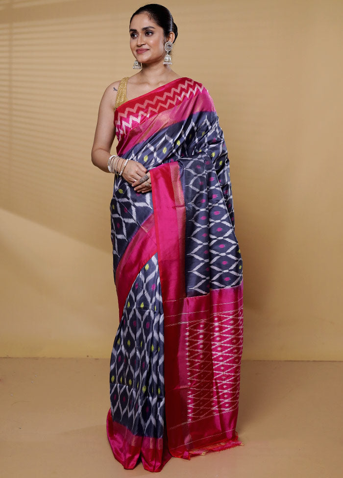 Grey Handloom Ikkat Pure Silk Saree With Blouse Piece