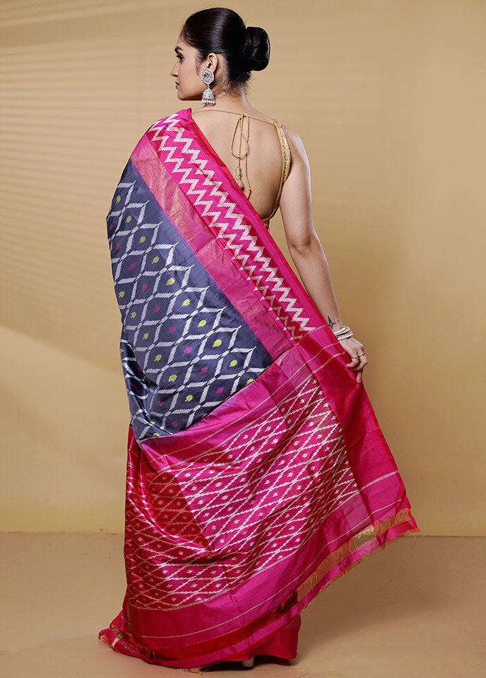 Grey Handloom Ikkat Pure Silk Saree With Blouse Piece