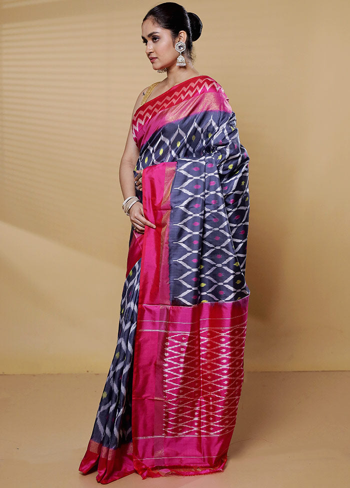 Grey Handloom Ikkat Pure Silk Saree With Blouse Piece