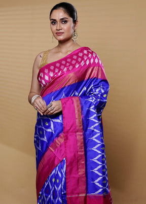 Blue Handloom Ikkat Pure Silk Saree With Blouse Piece