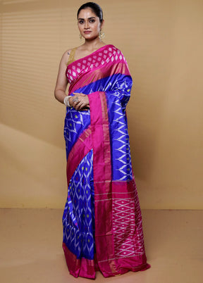 Blue Handloom Ikkat Pure Silk Saree With Blouse Piece