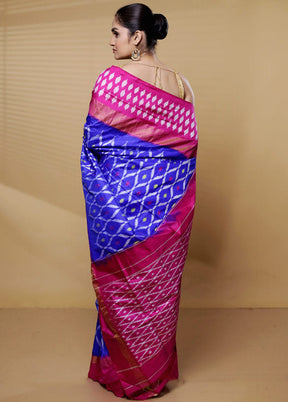 Blue Handloom Ikkat Pure Silk Saree With Blouse Piece