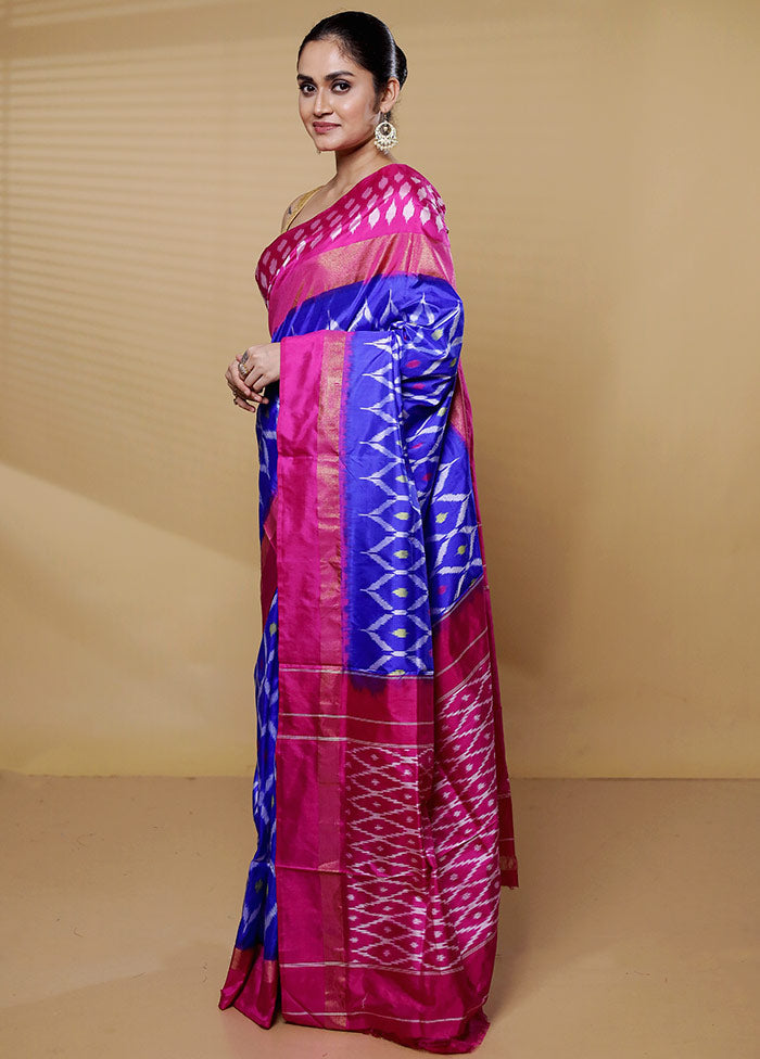 Blue Handloom Ikkat Pure Silk Saree With Blouse Piece