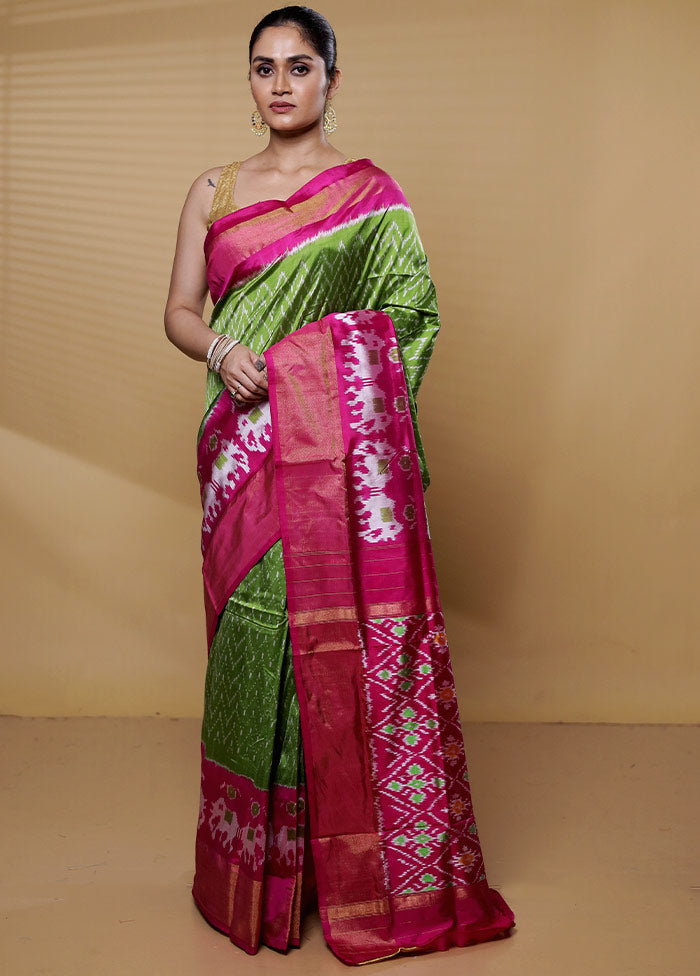 Green Handloom Ikkat Pure Silk Saree With Blouse Piece