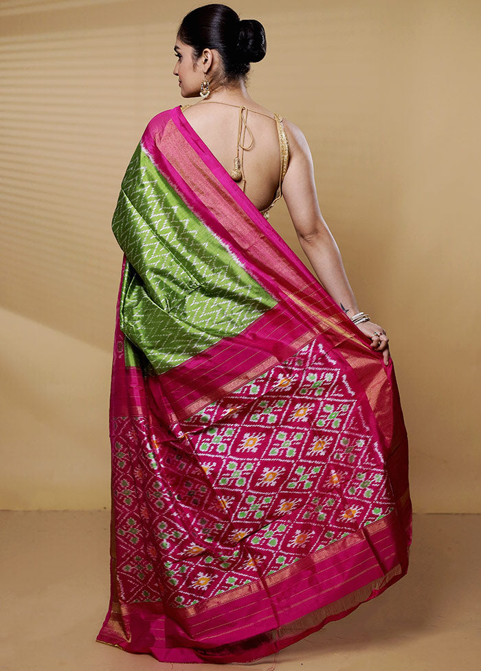 Green Handloom Ikkat Pure Silk Saree With Blouse Piece