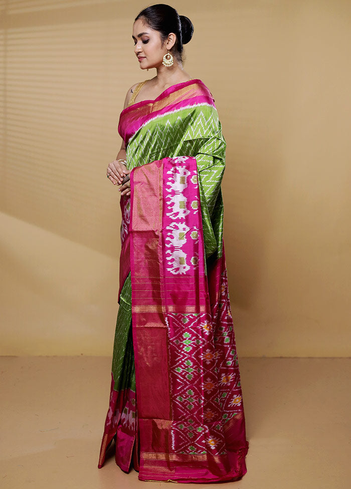 Green Handloom Ikkat Pure Silk Saree With Blouse Piece