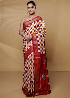 Multicolor Handloom Ikkat Pure Silk Saree With Blouse Piece