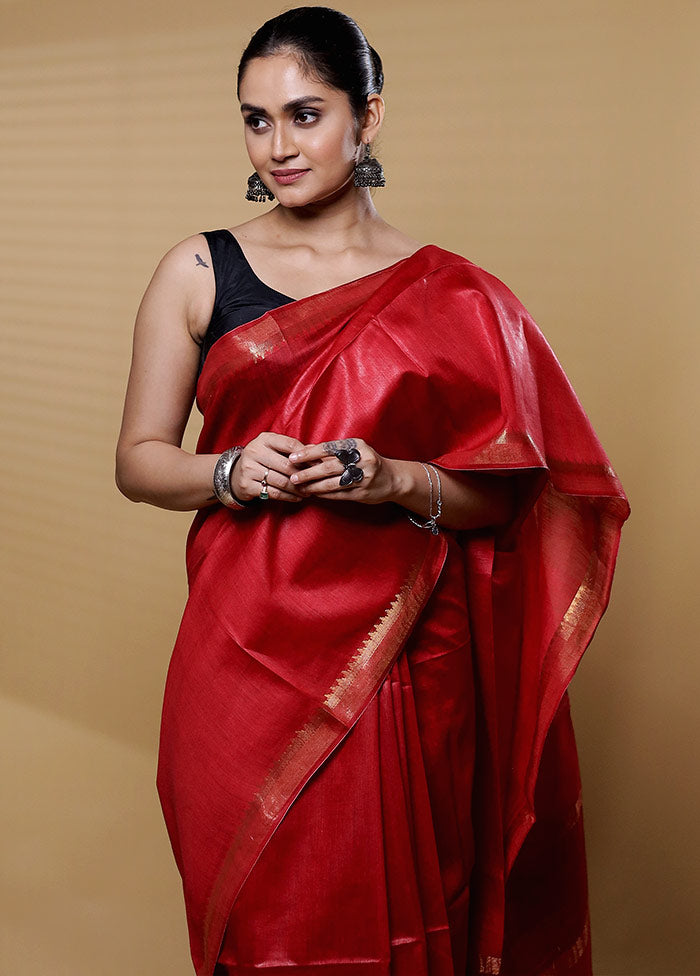 Red Tussar Silk Saree With Blouse Piece