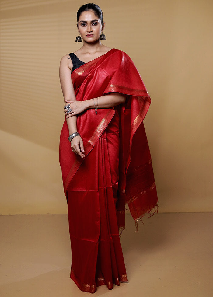 Red Tussar Silk Saree With Blouse Piece