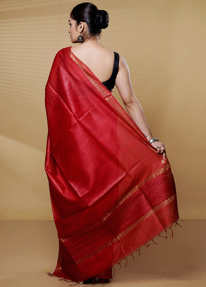 Red Tussar Silk Saree With Blouse Piece