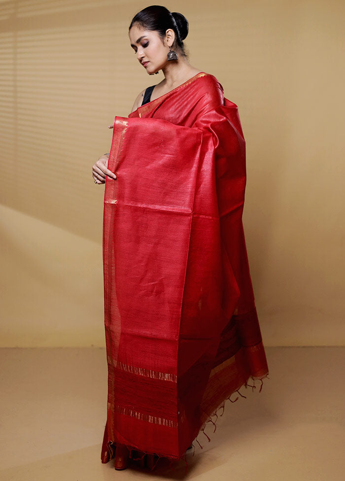 Red Tussar Silk Saree With Blouse Piece