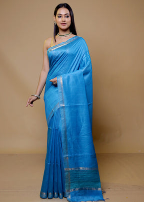 Blue Tussar Silk Saree With Blouse Piece