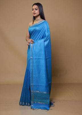 Blue Tussar Silk Saree With Blouse Piece