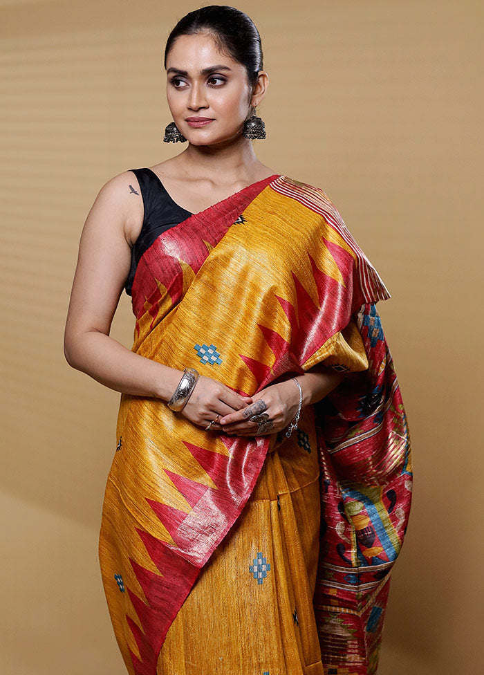 Yellow Tussar Silk Saree With Blouse Piece