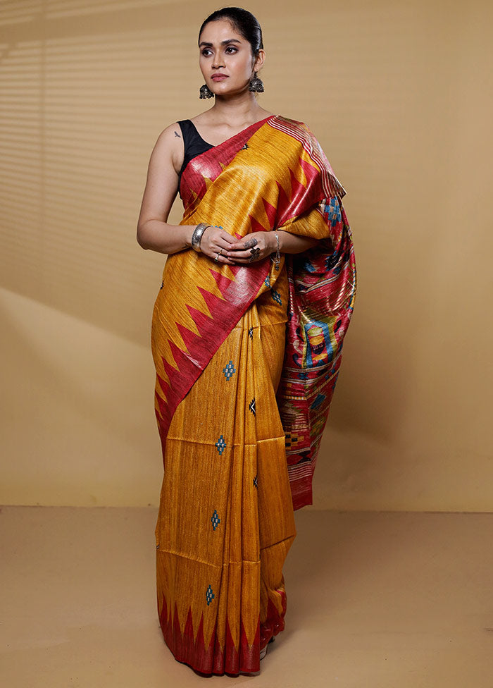 Yellow Tussar Silk Saree With Blouse Piece