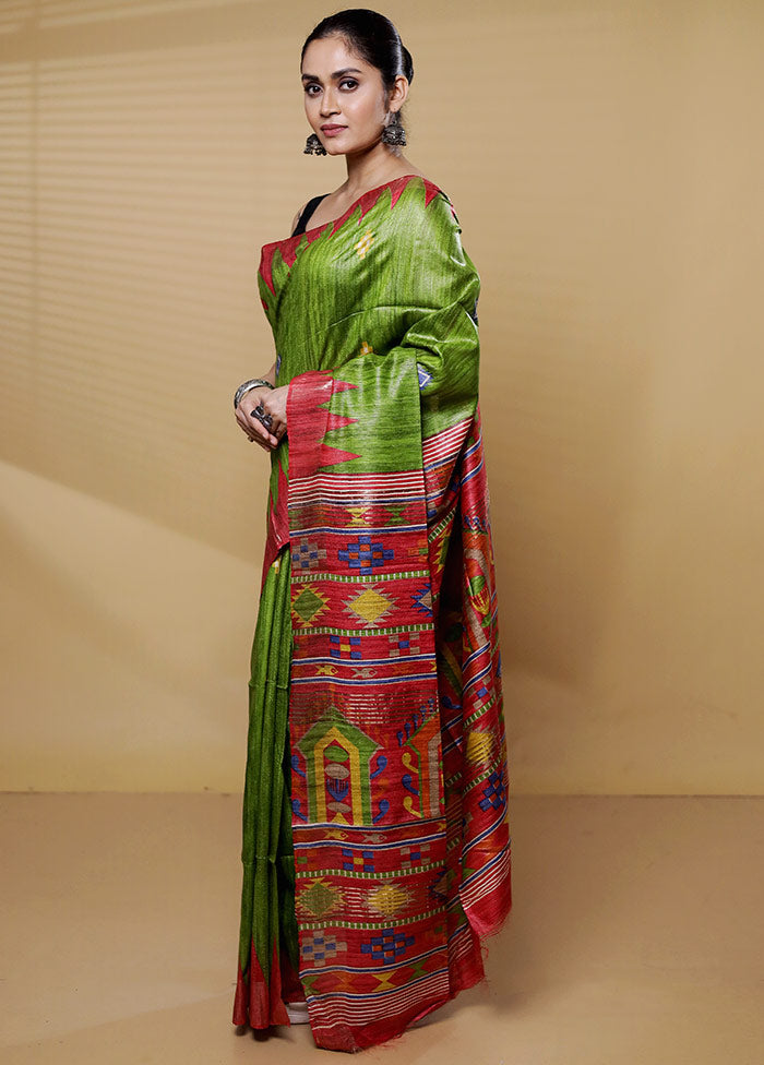 Green Tussar Silk Saree With Blouse Piece