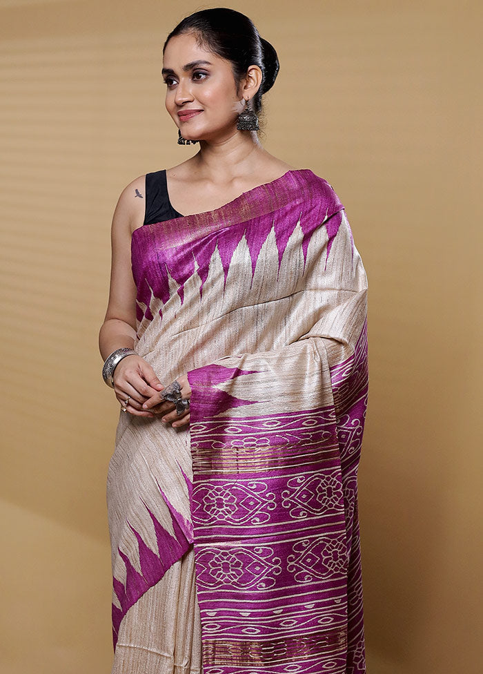 Cream Tussar Silk Saree With Blouse Piece