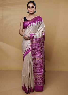 Cream Tussar Silk Saree With Blouse Piece