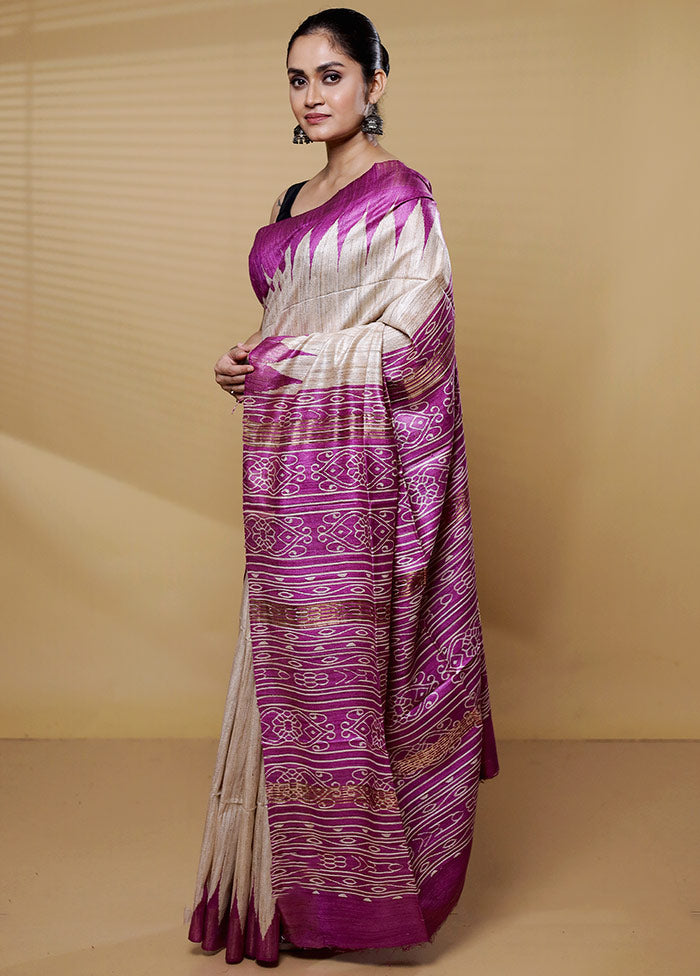 Cream Tussar Silk Saree With Blouse Piece