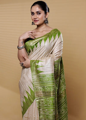 Cream Tussar Silk Saree With Blouse Piece