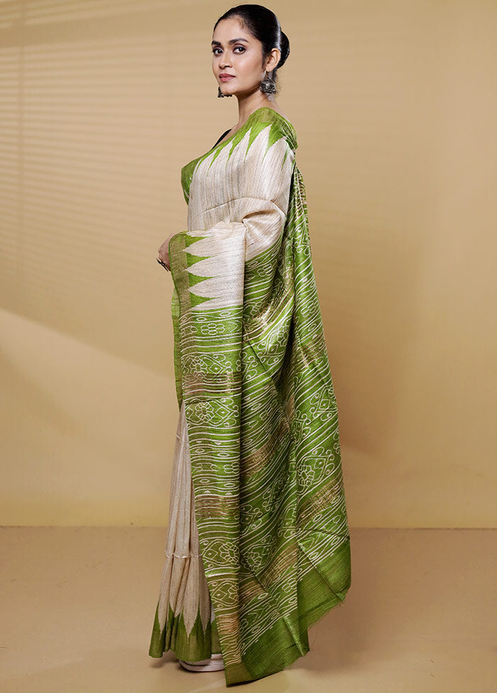 Cream Tussar Silk Saree With Blouse Piece