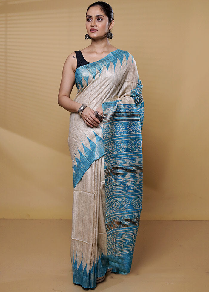 Cream Tussar Silk Saree With Blouse Piece