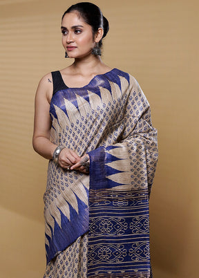 Cream Tussar Silk Saree With Blouse Piece