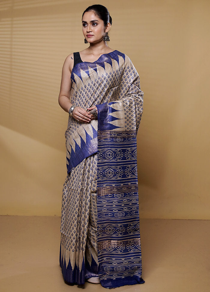 Cream Tussar Silk Saree With Blouse Piece