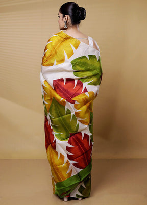 Cream Printed Pure Silk Saree Without Blouse Piece