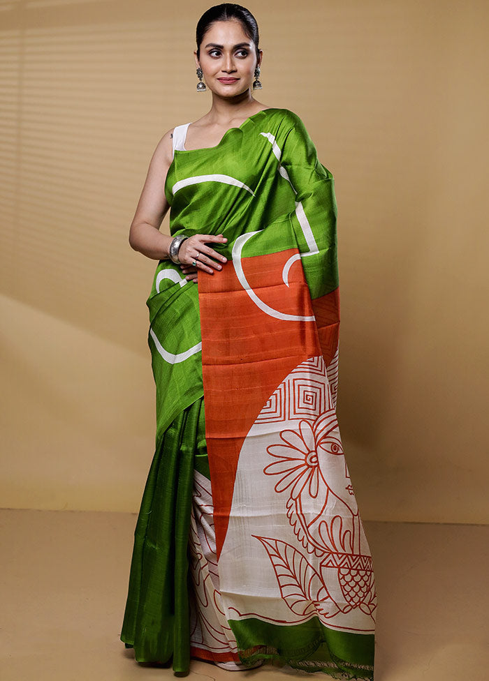 Green Printed Pure Silk Saree Without Blouse Piece