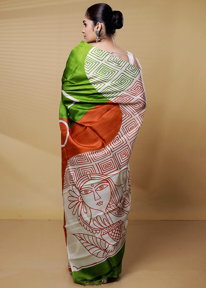 Green Printed Pure Silk Saree Without Blouse Piece