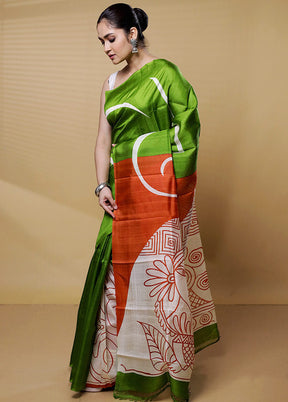 Green Printed Pure Silk Saree Without Blouse Piece