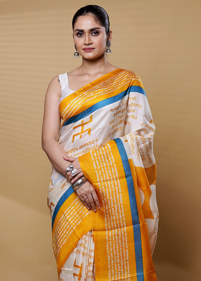 Cream Printed Pure Silk Saree Without Blouse Piece