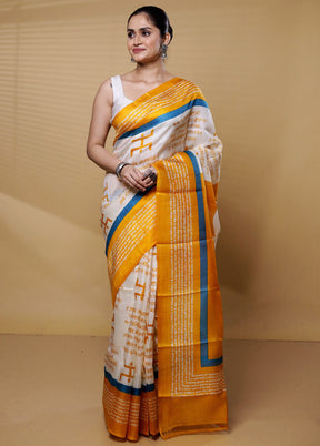 Cream Printed Pure Silk Saree Without Blouse Piece