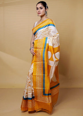 Cream Printed Pure Silk Saree Without Blouse Piece