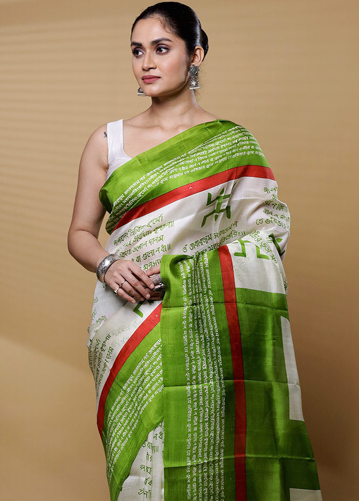 Cream Printed Pure Silk Saree Without Blouse Piece