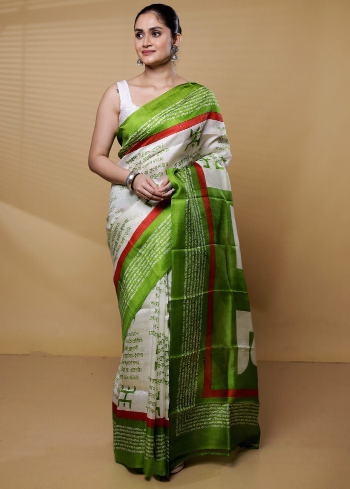 Cream Printed Pure Silk Saree Without Blouse Piece