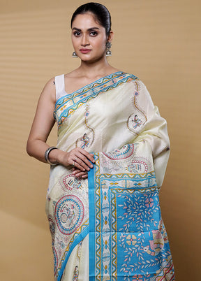 Cream Printed Pure Silk Saree Without Blouse Piece